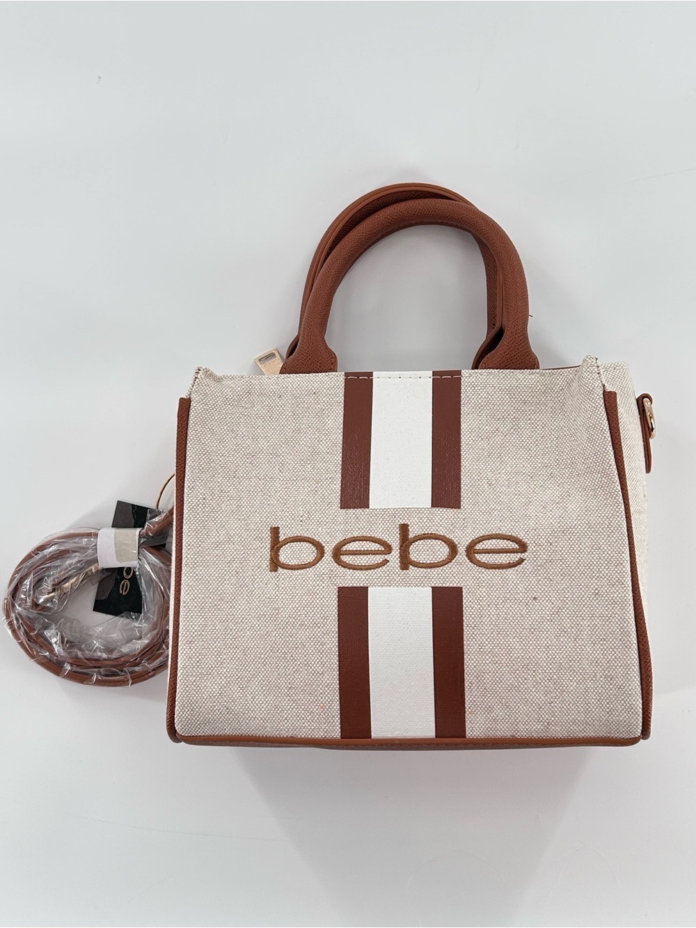 Bebe Paisley Mini Satchel Crossbody Caramel Tan Canvas - Picture 2 of 10